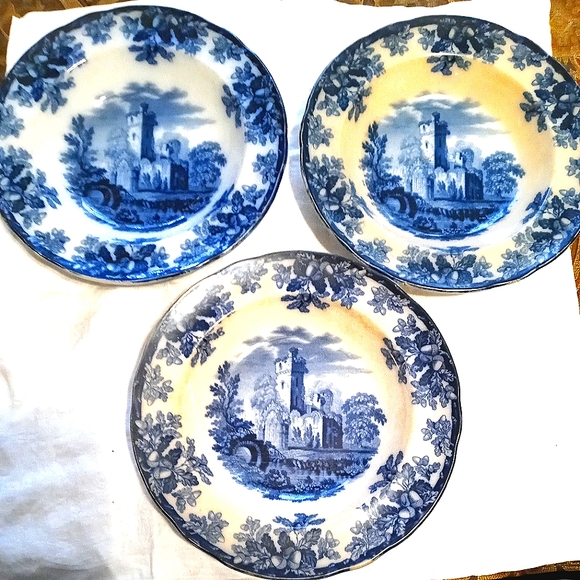3 Antique 1848 Flow-Blue Transferware Spode Copeland Plates